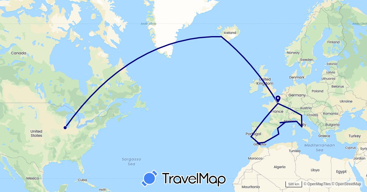 TravelMap itinerary: driving in Spain, France, Gibraltar, Iceland, Italy, Portugal, United States (Europe, North America)